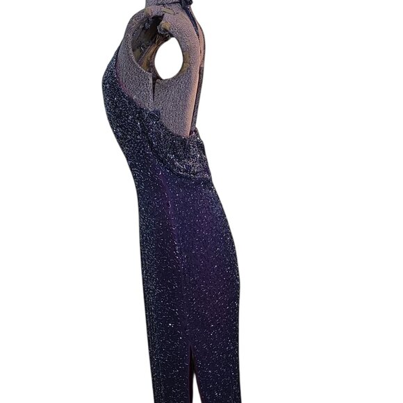 Vintage 1980's-90's Cache Beaded Formal Dress with Tie Halter Neck Purple-Blue - Picture 3 of 10